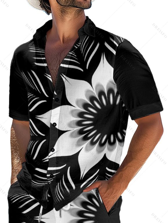 Chemise Vintage Motif de Fleur Monochrome Boutonnée à Manches Roulées pour Hommes - Noir S