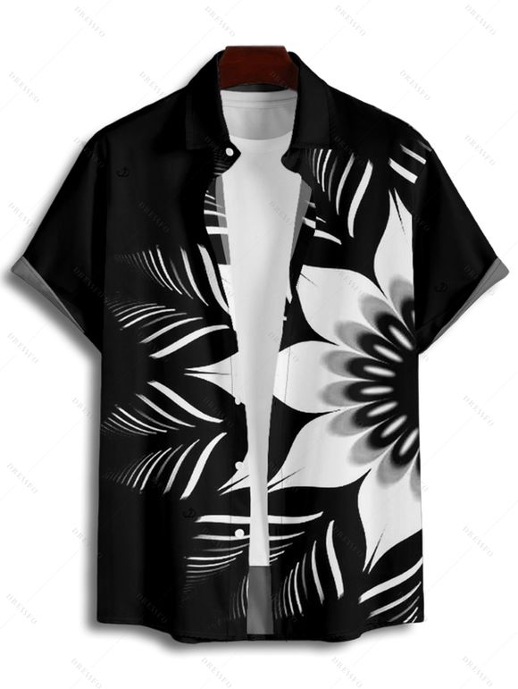 Chemise Vintage Motif de Fleur Monochrome Boutonnée à Manches Roulées pour Hommes - Noir S
