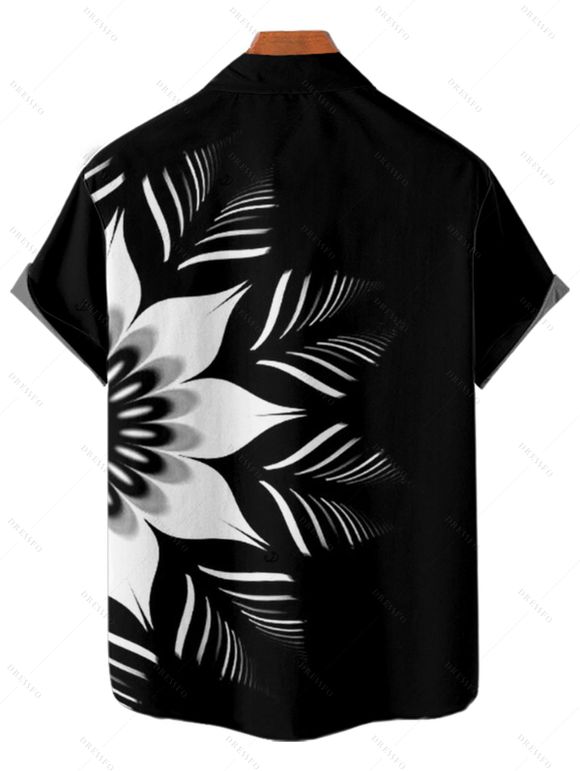 Chemise Vintage Motif de Fleur Monochrome Boutonnée à Manches Roulées pour Hommes - Noir S