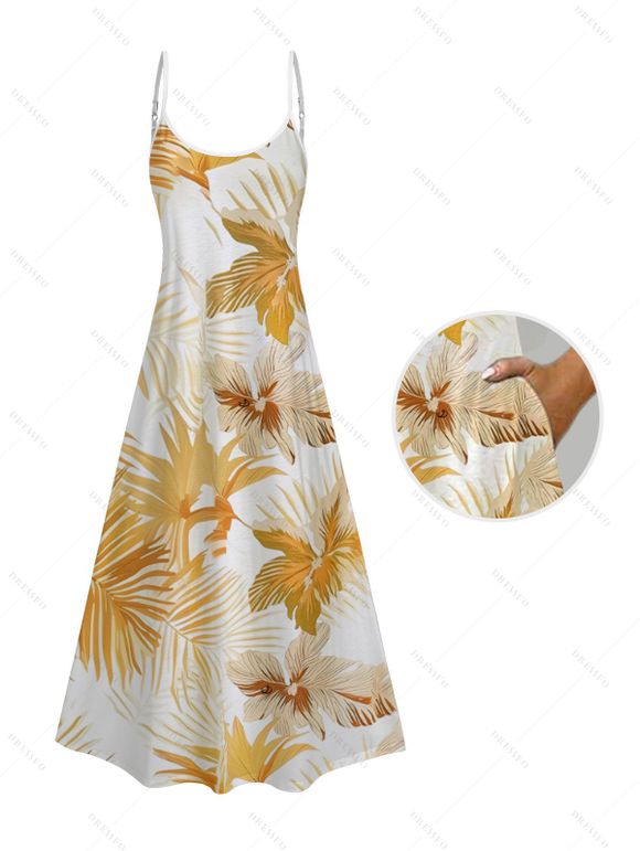 Robe de Plage Longue à Bretelles Spaghetti à Motif Floral et Feuille Tropicale - café lumière XXL | US 14