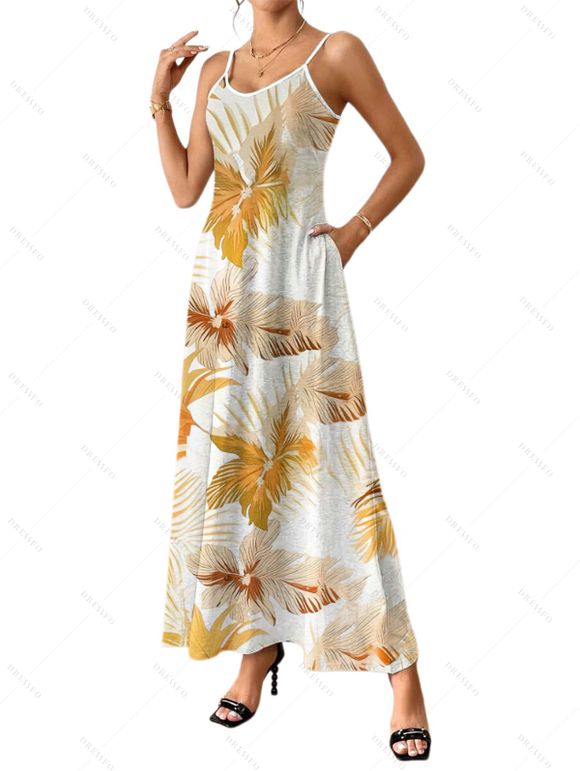 Robe de Plage Longue à Bretelles Spaghetti à Motif Floral et Feuille Tropicale - café lumière XXL | US 14