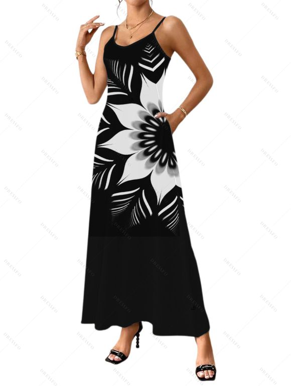 Vacation Couple Outfit Monochrome Floral Pattern Pocket A Line Long Dress and Roll Up Sleeve Button Up Shirt Matching Outfit - Noir S | US 4