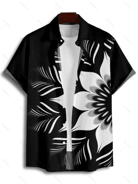 Vacation Couple Outfit Monochrome Floral Pattern Pocket A Line Long Dress and Roll Up Sleeve Button Up Shirt Matching Outfit - Noir S | US 4