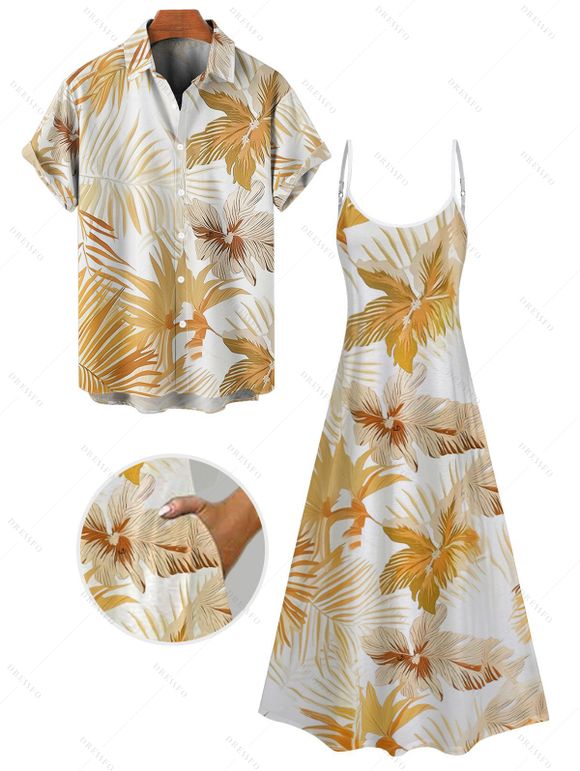 Vacation Couple Outfit Tropical Leaf Floral Print Spaghetti Strap Pocket Dress and Roll Up Sleeve Button Up Shirt Matching Outfit - café lumière S | US 4