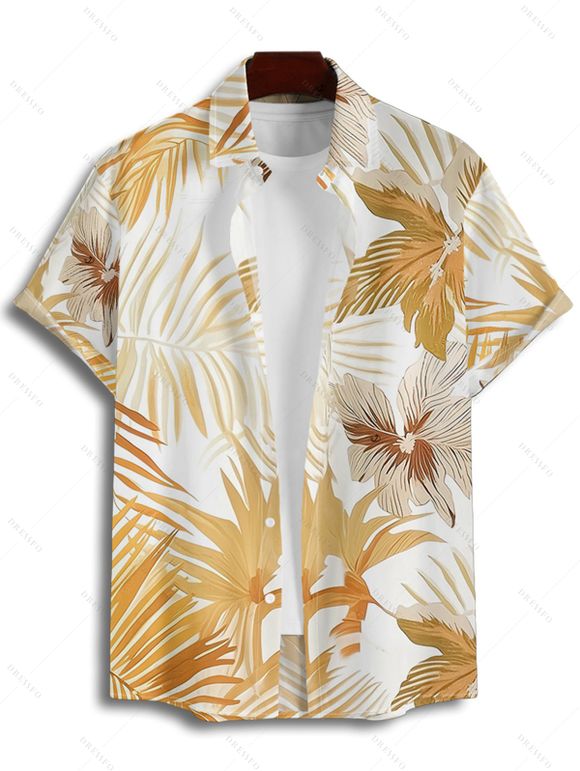 Vacation Couple Outfit Tropical Leaf Floral Print Spaghetti Strap Pocket Dress and Roll Up Sleeve Button Up Shirt Matching Outfit - café lumière S | US 4