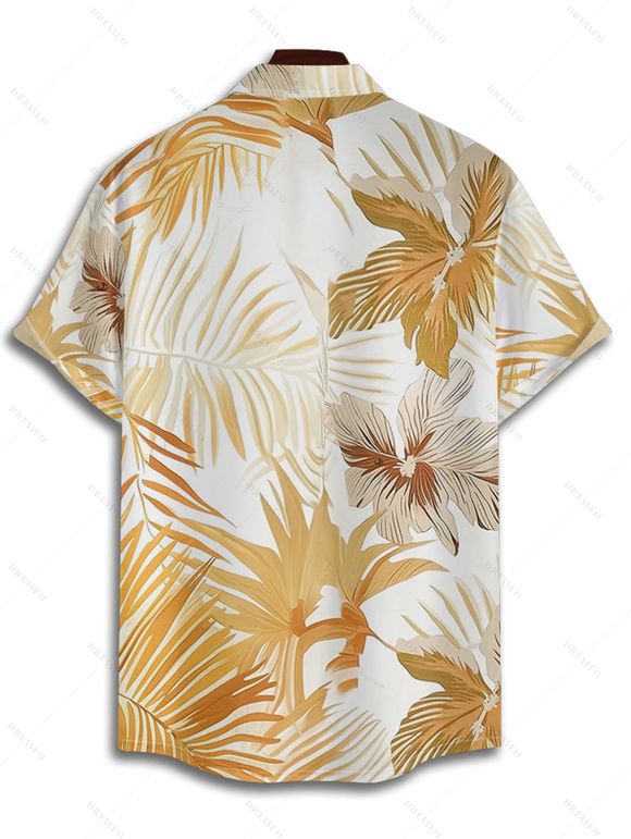 Vacation Couple Outfit Tropical Leaf Floral Print Spaghetti Strap Pocket Dress and Roll Up Sleeve Button Up Shirt Matching Outfit - café lumière S | US 4