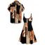 Vacation Couple Outfit Colorblock Geometric Print Spaghetti Strap A Line Dress and Roll Up Sleeve Button Up Shirt Matching Outfit - café S | US 4