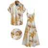 Vacation Couple Outfit Tropical Leaf Floral Print Spaghetti Strap Pocket Dress and Roll Up Sleeve Button Up Shirt Matching Outfit - café lumière S | US 4