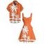 Vacation Couple Outfit Tropical Coconut Tree Print Colorblock Ruched Bust Belt A Line Dress and Roll Up Sleeve Button Up Shirt Matching Outfit - Orange S | US 4