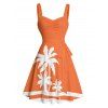 Vacation Couple Outfit Tropical Coconut Tree Print Colorblock Ruched Bust Belt A Line Dress and Roll Up Sleeve Button Up Shirt Matching Outfit - Orange S | US 4