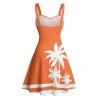 Vacation Couple Outfit Tropical Coconut Tree Print Colorblock Ruched Bust Belt A Line Dress and Roll Up Sleeve Button Up Shirt Matching Outfit - Orange S | US 4