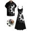 Vacation Couple Outfit Monochrome Floral Pattern Pocket A Line Long Dress and Roll Up Sleeve Button Up Shirt Matching Outfit - Noir S | US 4