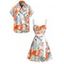 Vacation Couple Outfit Tropical Leaf Floral Print Ruched Bust Belt A Line Dress and Roll Up Sleeve Button Up Shirt Matching Outfit - Orange S | US 4