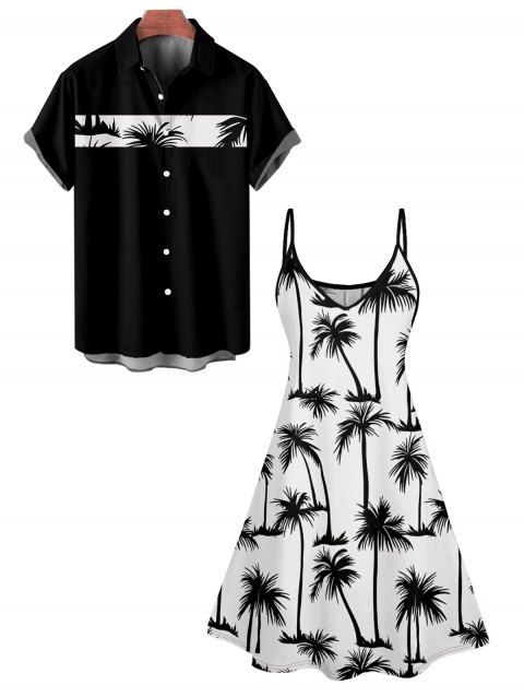 Hawaii Palm Tree Print Vacation Spaghetti Strap V Neck A Pendulum Mini Dress And Short Sleeve Shirt Matching Outfit