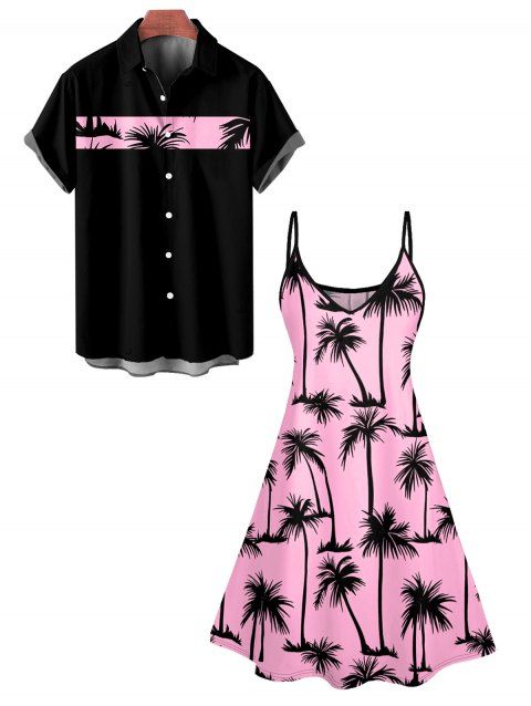 Hawaii Palm Tree Print Vacation Spaghetti Strap V Neck A Pendulum Mini Dress And Short Sleeve Shirt Matching Outfit
