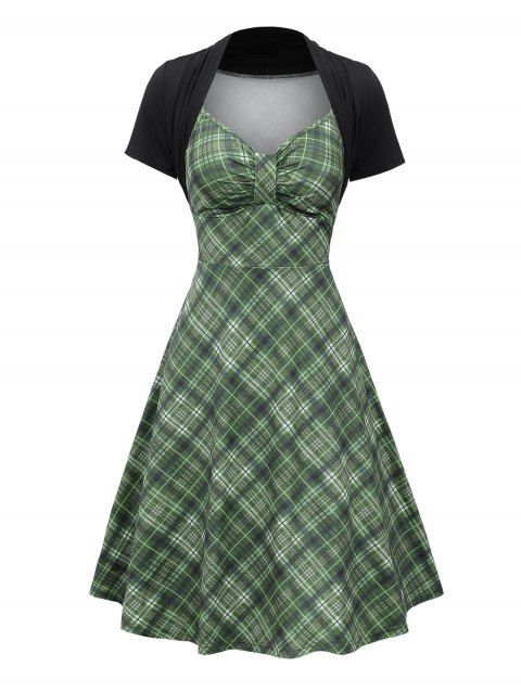 Plaid Print Ruched Bust Empire Waist Vintage Faux Twinset Dress Short Sleeve A Line Casual 2 in 1 Dress