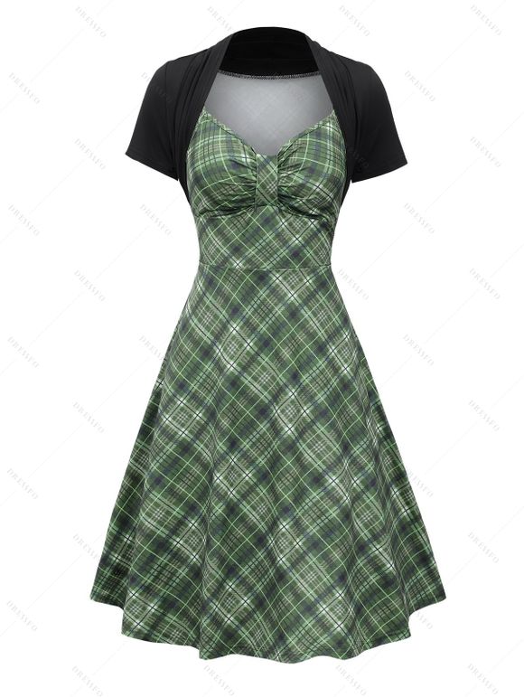 Robe Ligne A Vintage à Carreaux Imprimé à Taille Empire Fausse Deux Pièces - Vert profond S | US 4