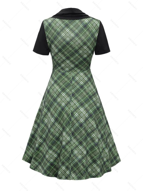 Robe Ligne A Vintage à Carreaux Imprimé à Taille Empire Fausse Deux Pièces - Vert profond XL | US 12