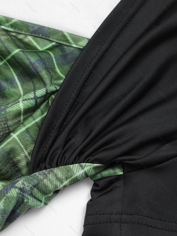 Robe Ligne A Vintage à Carreaux Imprimé à Taille Empire Fausse Deux Pièces - Vert profond XL | US 12