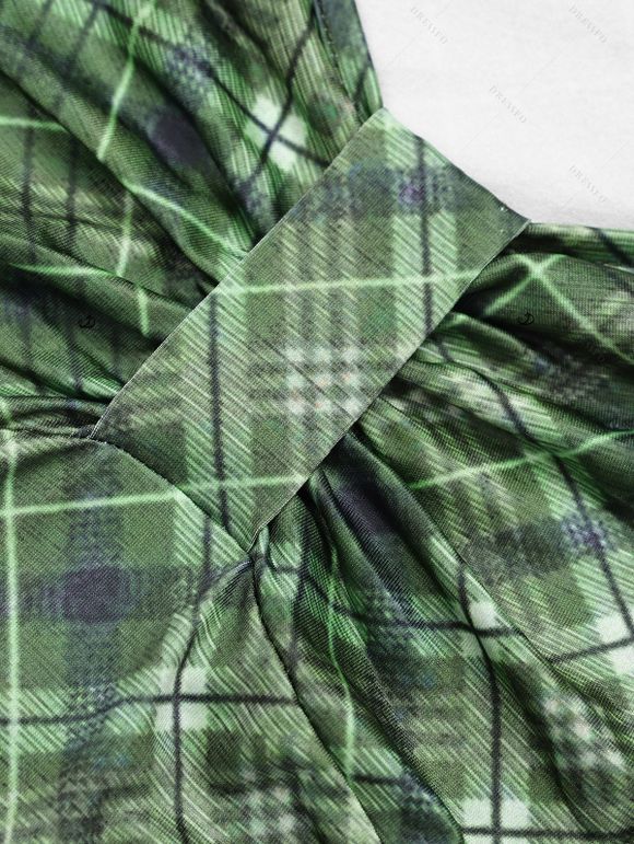 Robe Ligne A Vintage à Carreaux Imprimé à Taille Empire Fausse Deux Pièces - Vert profond XL | US 12