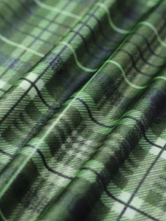 Robe Ligne A Vintage à Carreaux Imprimé à Taille Empire Fausse Deux Pièces - Vert profond XL | US 12