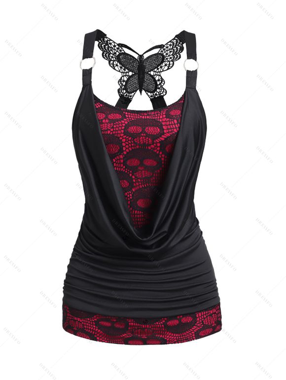 Débardeur Motif de Crâne en Dentelle à Bretelle Croisée en Faux Cuir 2 Pièces - Noir XXL | US 14
