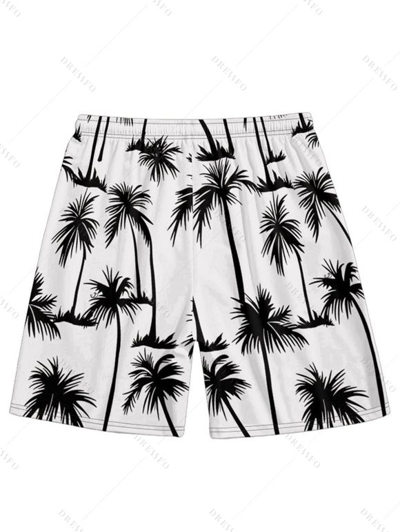Vacation Style Palm Tree Printed Strapless Dress with Mens Short Sleeve Shirt and Mens Beach Pants Three Piece Set - Blanc S | US 4