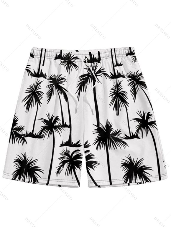 Vacation Style Palm Tree Printed Strapless Dress with Mens Short Sleeve Shirt and Mens Beach Pants Three Piece Set - Blanc S | US 4
