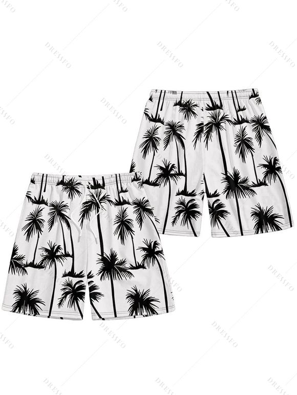 Vacation Style Palm Tree Printed Strapless Dress with Mens Short Sleeve Shirt and Mens Beach Pants Three Piece Set - Blanc S | US 4