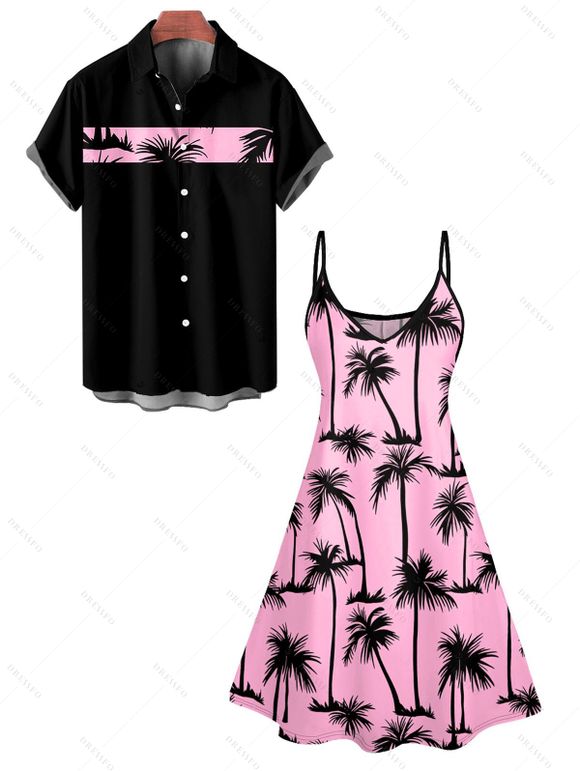 Hawaii Palm Tree Print Vacation Spaghetti Strap V Neck A Mini Dress And Short Sleeve Shirt Matching Outfit - Rose clair S | US 4