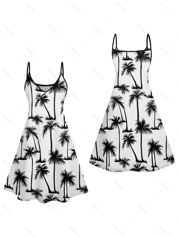 Mini Robe Hawaïen Ligne A Palmier Imprimé à Bretelle Fine - Blanc XXL | US 14