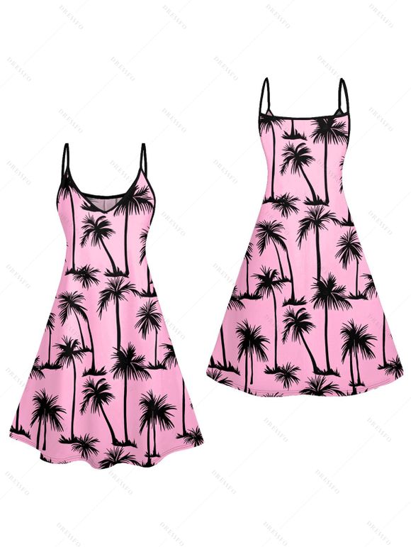 Mini Robe Hawaïen Ligne A Palmier Imprimé à Bretelle Fine - Rose clair S | US 4