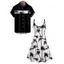 Hawaii Palm Tree Print Vacation Spaghetti Strap V Neck A Pendulum Mini Dress And Short Sleeve Shirt Matching Outfit - Noir S | US 4