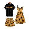 Vacation Style Palm Tree Printed Strapless Dress with Mens Short Sleeve Shirt and Mens Beach Pants Three Piece Set