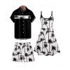 Vacation Style Palm Tree Printed Strapless Dress with Mens Short Sleeve Shirt and Mens Beach Pants Three Piece Set