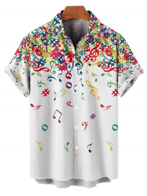 Chemise de Vacances Coloré Motif de Note de Musique Boutonnée à Manches Roulées pour Homme