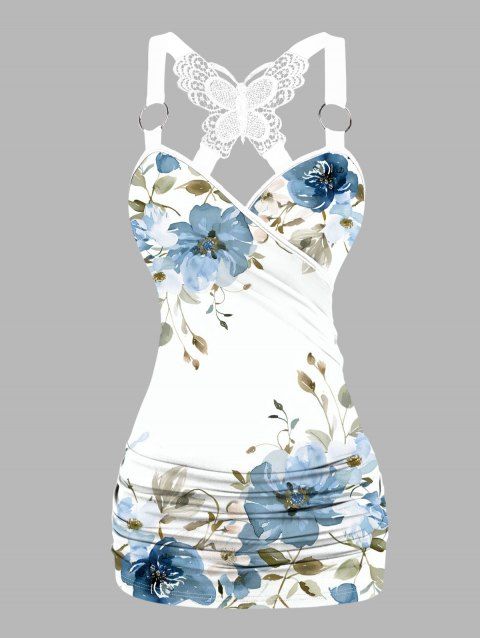 Flower Pattern Butterfly Lace Surplice Vacation Tank Top O Ring Strap Ruched Long Tank Top
