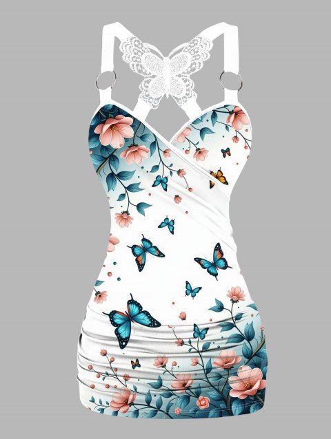 Ombre Floral Leaf Print Butterfly Lace Vacation Tank Top O Ring Strap Ruched Surplice Long Tank Top