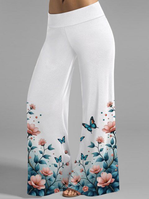 Pantalon de Vacances Long Fleuri Papillon Imprimé Ombré à Taille Haute