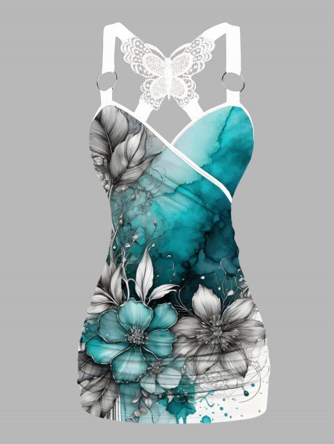 Ombre Flower Pattern Butterfly Lace Vacation Tank Top O Ring Strap Surplice Ruched Long Tank Top