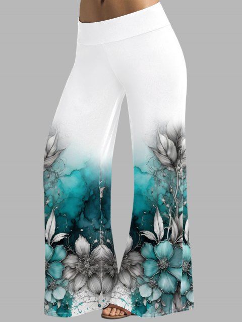 Pantalon Décontracté de Vacances Long Ombré Feuille et Fleur Imprimées Jambe Large à Taille Haute