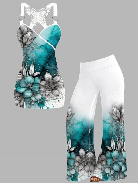 Vacation Outfit Ombre Flower Printed Surplice Butterfly Lace Ruched Long Tank Top and High Waisted Wide Leg Pants Casual Outfit
