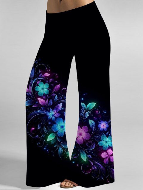 Pantalon Long Imprimé Feuille Floral Coloré à Taille Haute à Jambes Larges