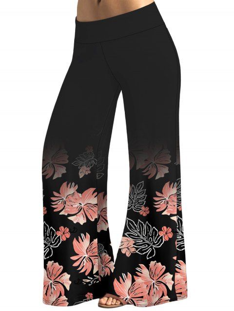 Pantalon Décontracté de Vacances Long Fleur Feuille Imprimées Partout Taille Haute