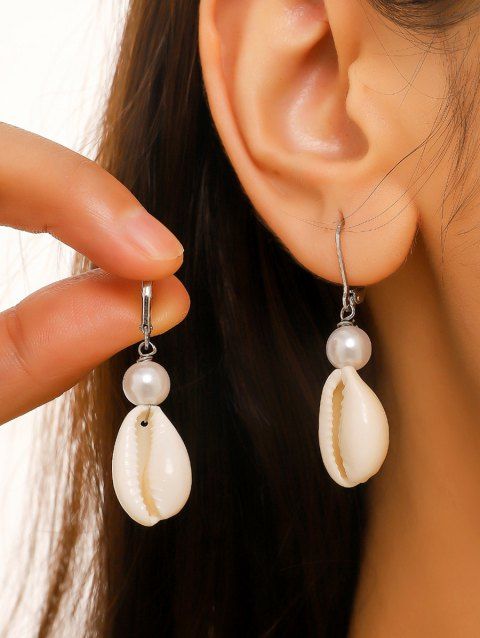 Boucles D'Oreilles Pendantes Coquille de Plage avec Fausse Perle