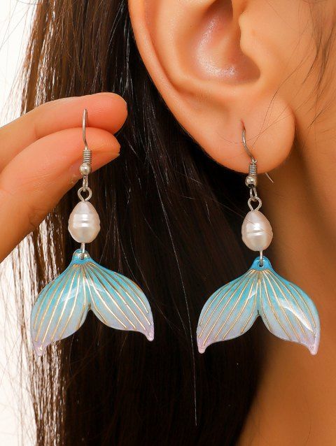 Boucles D'Oreilles Pendantes Tendances en Forme de Queue de Sirène avec Perle Fantaisie pour Vacances à la Plage