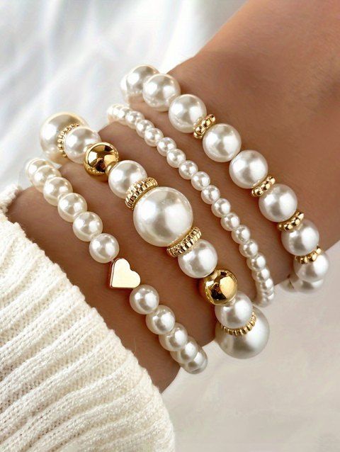 4 Pièces Bracelets Tissés en Forme de Cœur avec Perles Fantaisies pour Femmes