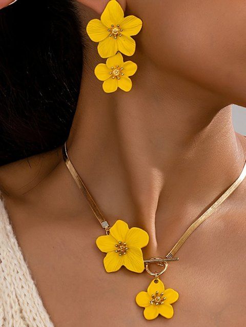Parure Collier et Boucles D'Oreilles Tendance avec Pendentif Fleurs Éclatantes pour Vacances