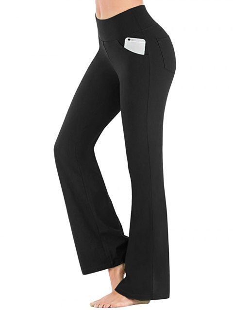 Pantalon Evasé Long de Yoga à Taille Haute avec Poches en Couleur Unie