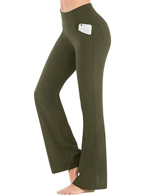 Pantalon Evasé Long de Yoga à Taille Haute avec Poches en Couleur Unie